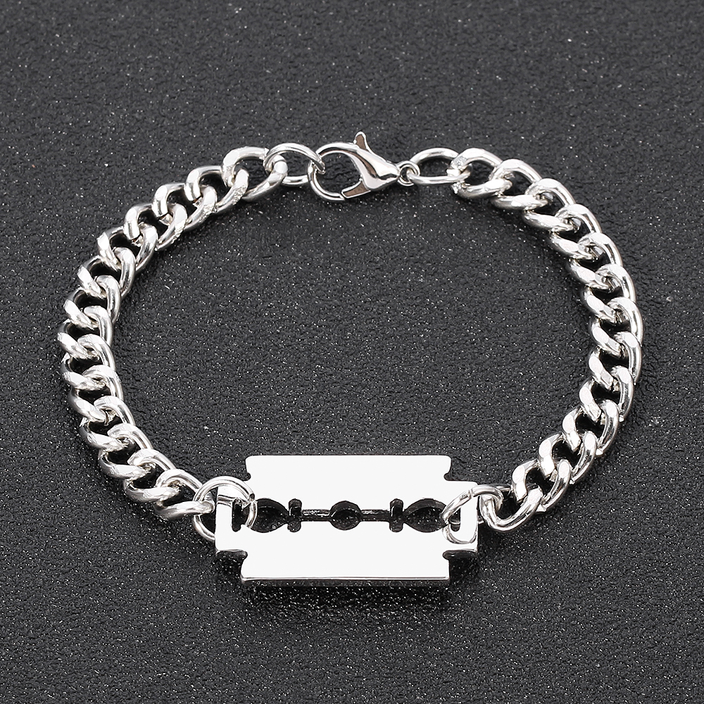 Punk Hip Hop Razor Blades Shaped Pendant Bracelet Men Silver Color Miami Curb Thick Choker Bracelet Jewelry Husband