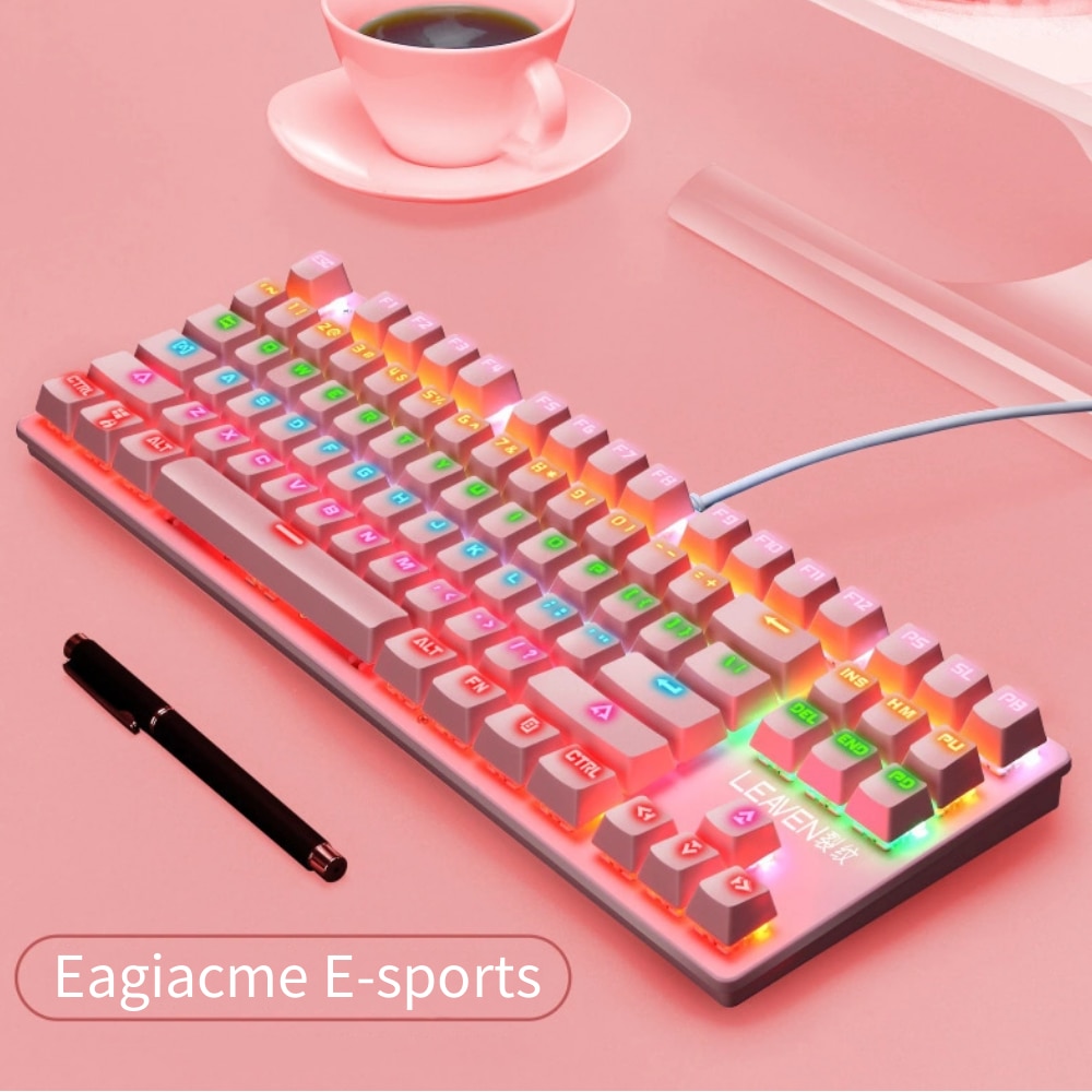 1pc klawiatura mechaniczna Gamer 87 klawiszy niebieski przełącznik klawiatury do gier na Tablet pulpit klawiatura na kabel USB klawiatura podświetlana: pink