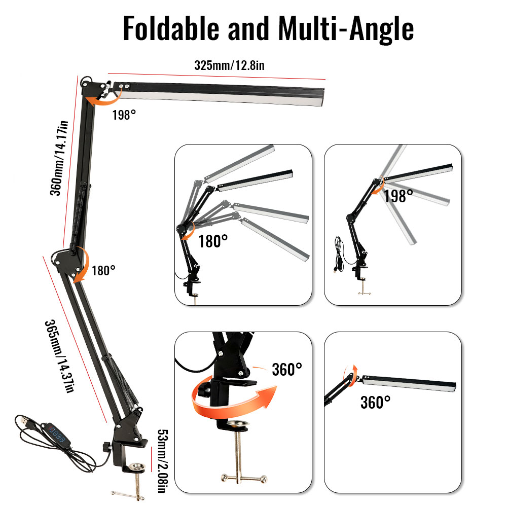 Opvouwbare led-tafellamp met 10 helderheidsniveaus en , 3 lichtstanden voor de woonkamer, studeerkamer, kantoor of computerbureau.: Zwart