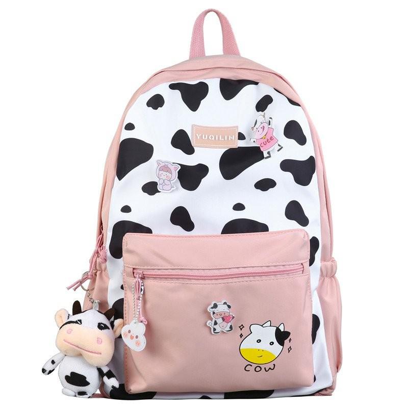 Cow Pattern Nyon Women Backpack Female Lovely School Bag For Teenage Girls Large Capacity Contrast Color Travel Bag Mochila: Pink