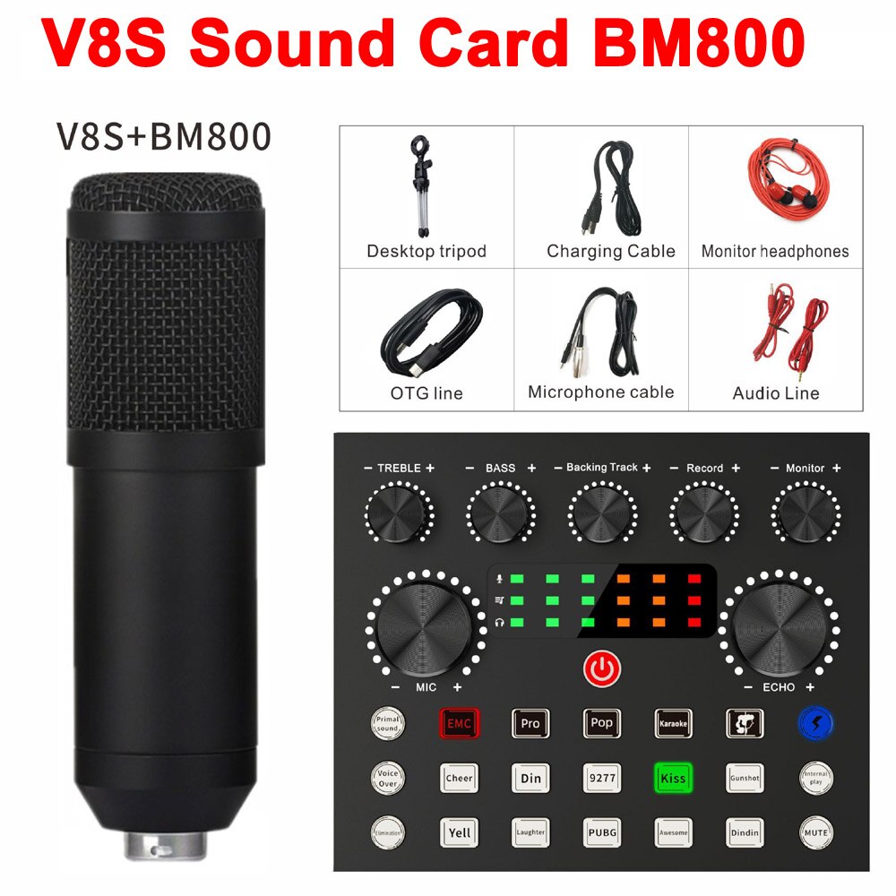 Conjunto de tarjeta de sonido para DJ, micrófono condensador mezclador de Audio, soporte USB, Karaoke, OKKTV, grabación en vivo, V8S, BM800