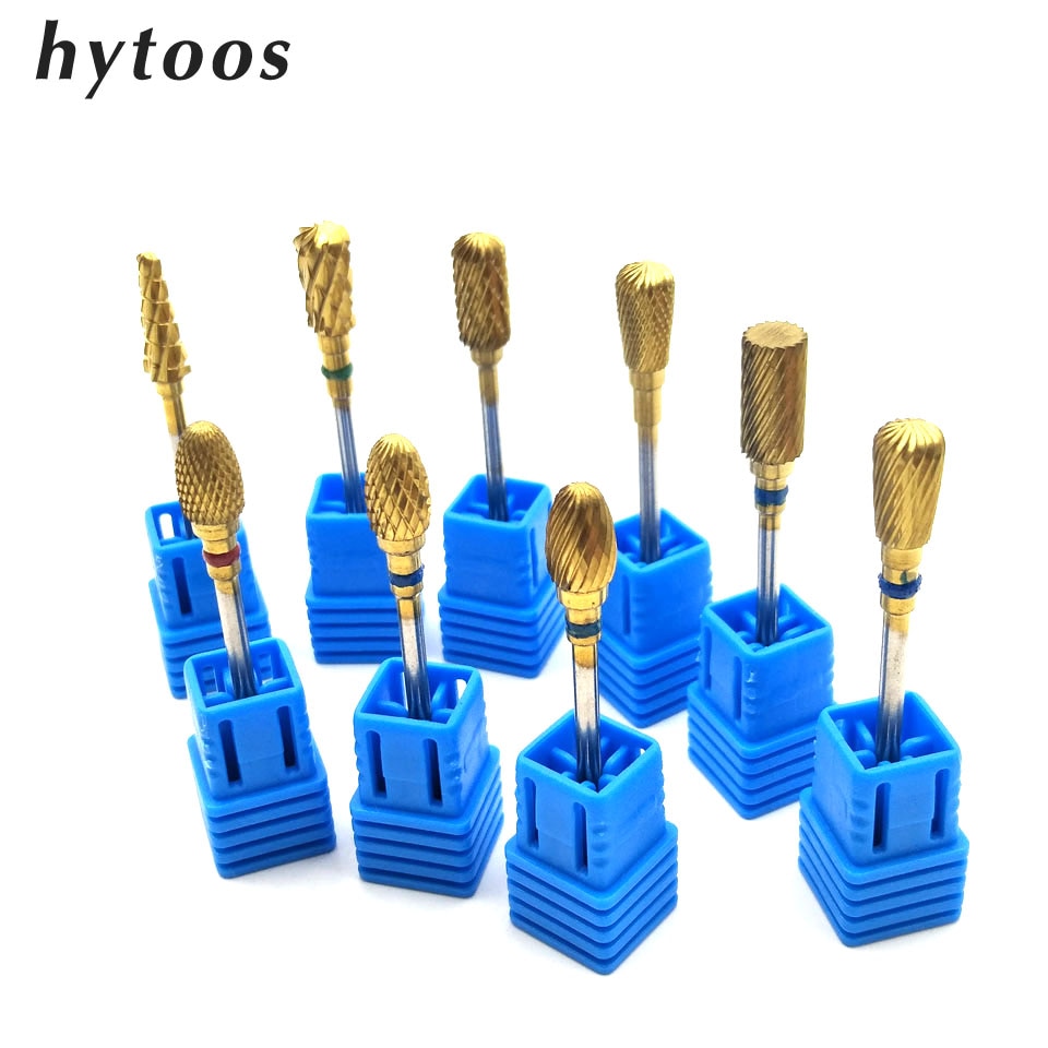 HYTOOS 9 tipos de brocas de carburo de tungsteno dorado, brocas rotativas para manicura, herramientas para uña accesorios, Cutter-HY10 de fresado
