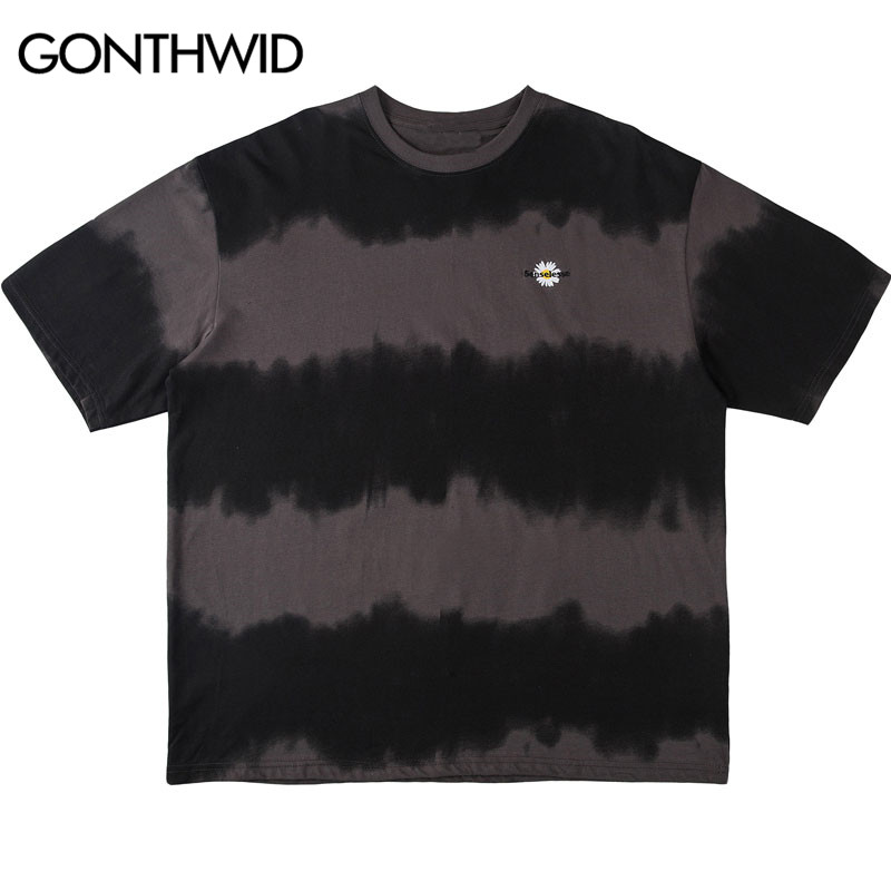 GONTHWID Tie Dye Striped Tees Shirts Summer Casual Streetwear Tshirts Harajuku Hip Hop Short Sleeve Tops Hipster T-Shirt