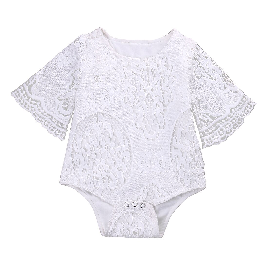 Summer Baby Girls White Ruffles Sleeve Lace Romper Infant Baby Lace Jumpsuit Clothes Sunsuit Outfits: 12M