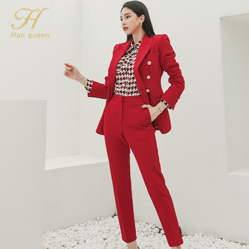H han dronning kontor dame bukse dress dress rød 2 stykke sett til kvinner dobbelt breasted blazer & blyantbukser koreansk forretningssett høst