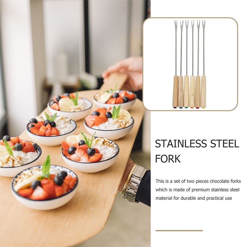 6Pcs Wood Handle Chocolate Fork Stainless Steel Cheese Fondue Forks Fork Heat Resistant Pot Fruit Dessert Fork Kitchen Tools