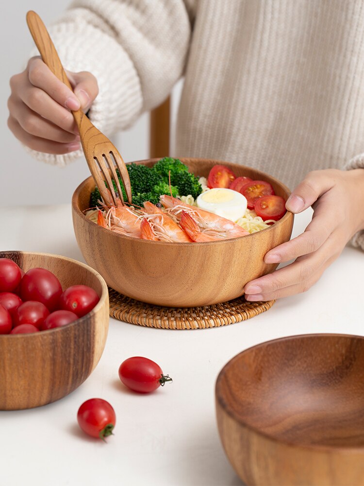 Cuenco de madera hecho a mano de estilo japonés, utensilios de cocina de madera de Acacia, tazón de Ramen para sopa, batidos, utensilio de cocina