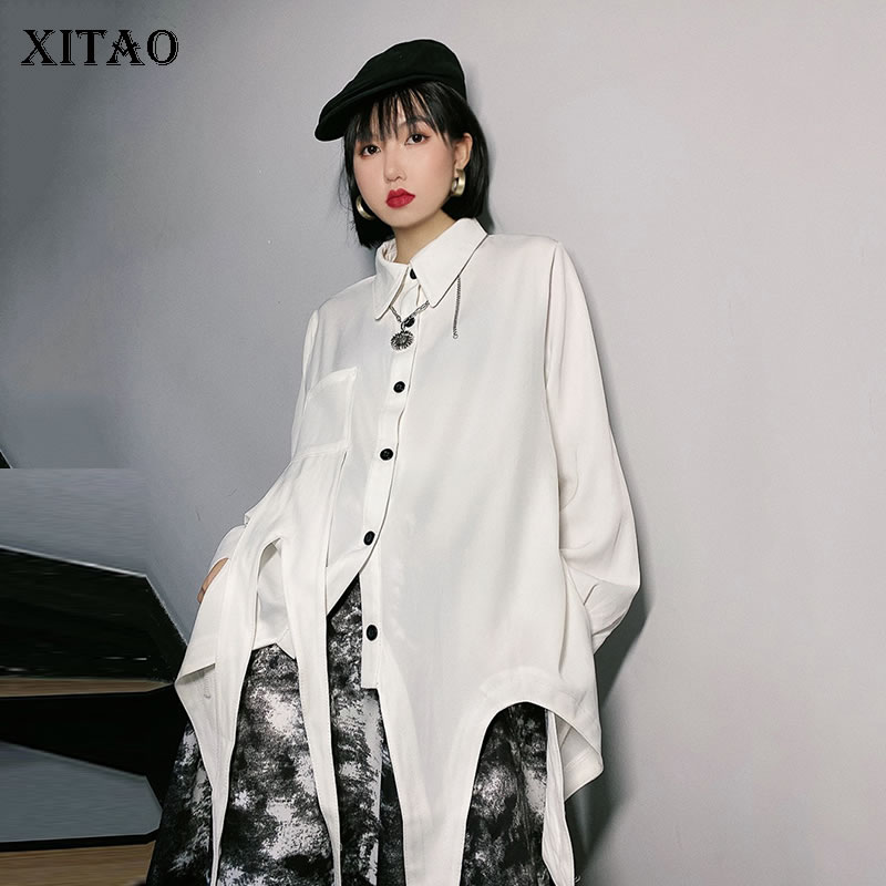 XITAO-Blusa holgada de estilo coreano con dobladillo Irregular para mujer, camisa de talla grande, ropa de con personalidad para mujer, DZL2091: white  DZL2091