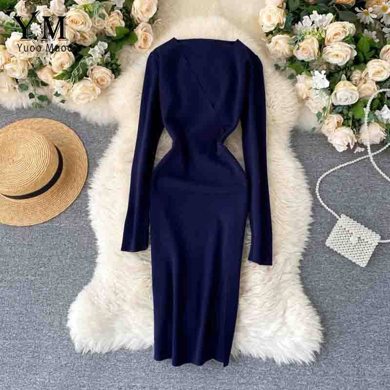 Yuoomuoo Gebreide Jurk Vrouwen Herfst Winter Eenvoudige V-hals Split Bodycon Jurk Elegante Knielange Werk Jurk Dames Jurk Vestido: Blauw