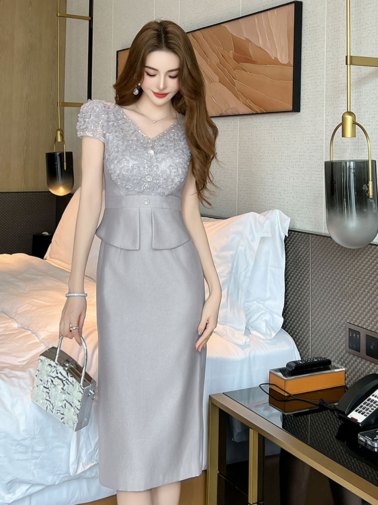 Formel kjole dametøj sød chic blonder splejset satin korte ærmer flæser kåbe fest fødselsdag vestidos mujer