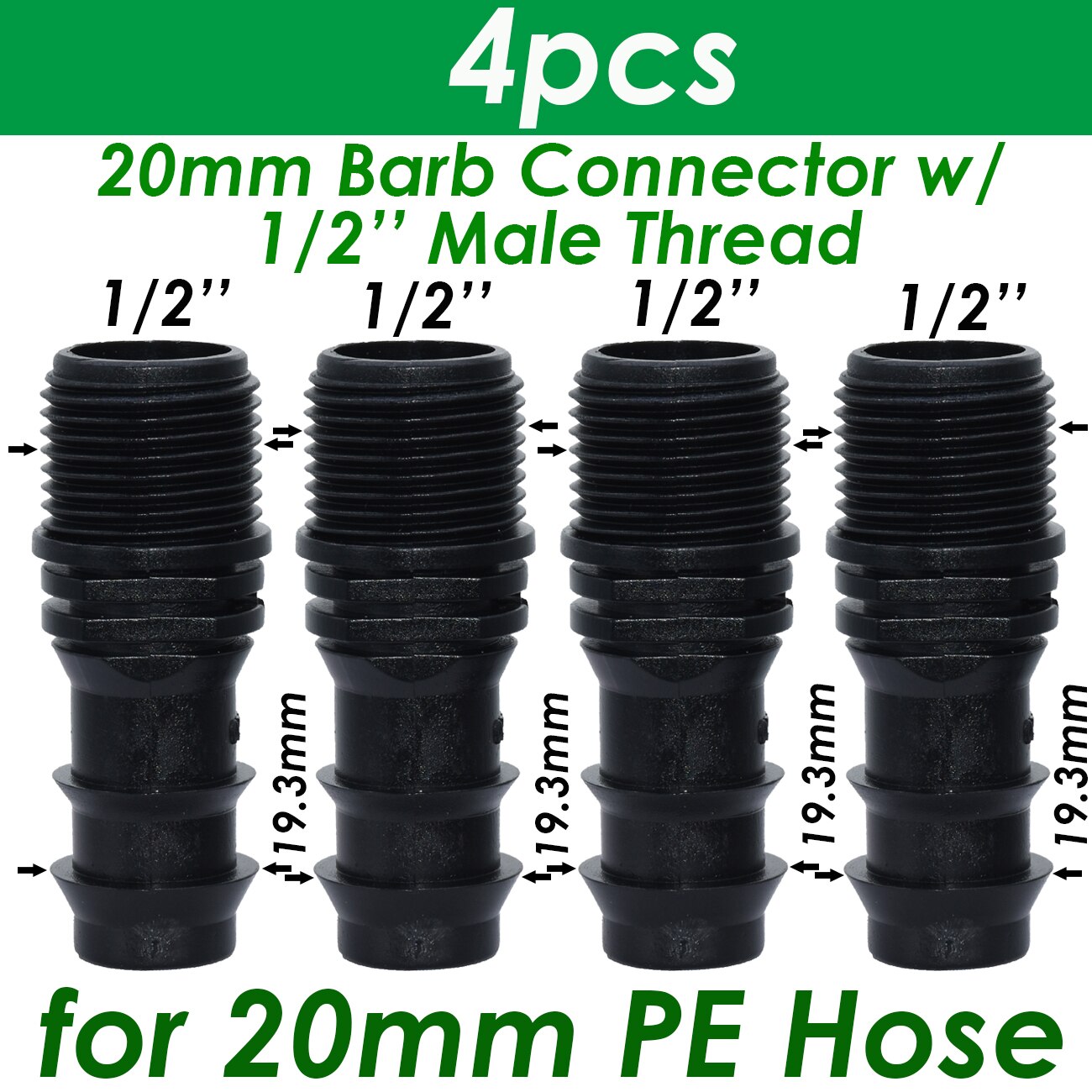 SPRYCLE 4PC 1/2 "3/4" Weiblich Außengewinde Anschluss Zu Widerhaken 16mm 20mm 25mm PE Schlauch Adapter Garten Bewässerung Tropf Bewässerung System: Silber