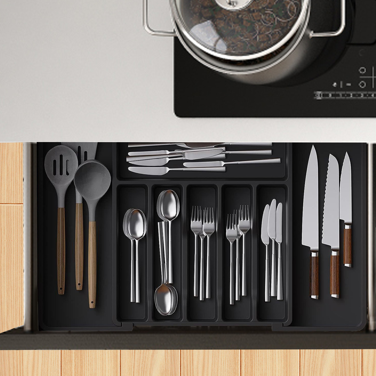 Organizador de cajones para cubiertos, bandeja de utensilios expandible para cocina, cubiertos ajustables y soporte para cubiertos para cucharas, tenedores y cuchillos