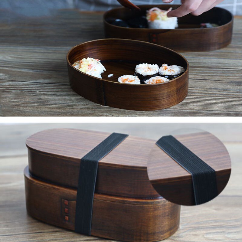 Retro Double-layered Bento Box Solid Color Portable Wooden Sushi Boxes Student Japanese Single-layer Lunch Case