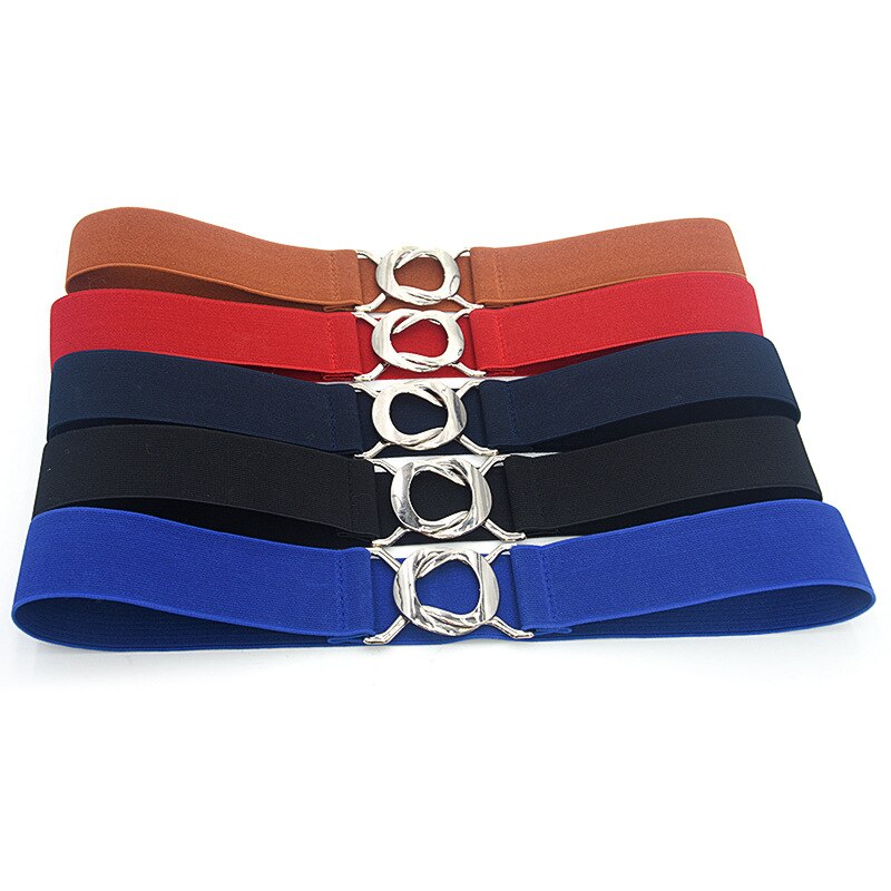 Elastic Wide Waist Belt Metal Buckle Ladies Dress Belt Solid Color Black Women Belts