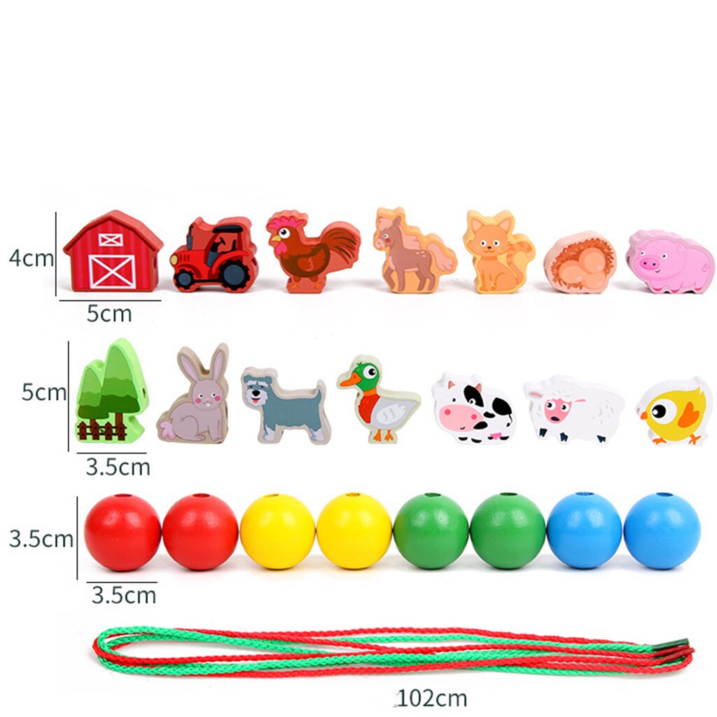 Kleurrijke Houten Blok Threading Kralen Speelgoed Houten Tellen Kralen Vetersluiting En Kralen Rijgen Cartoon Farm Dieren Patroon Speelgoed