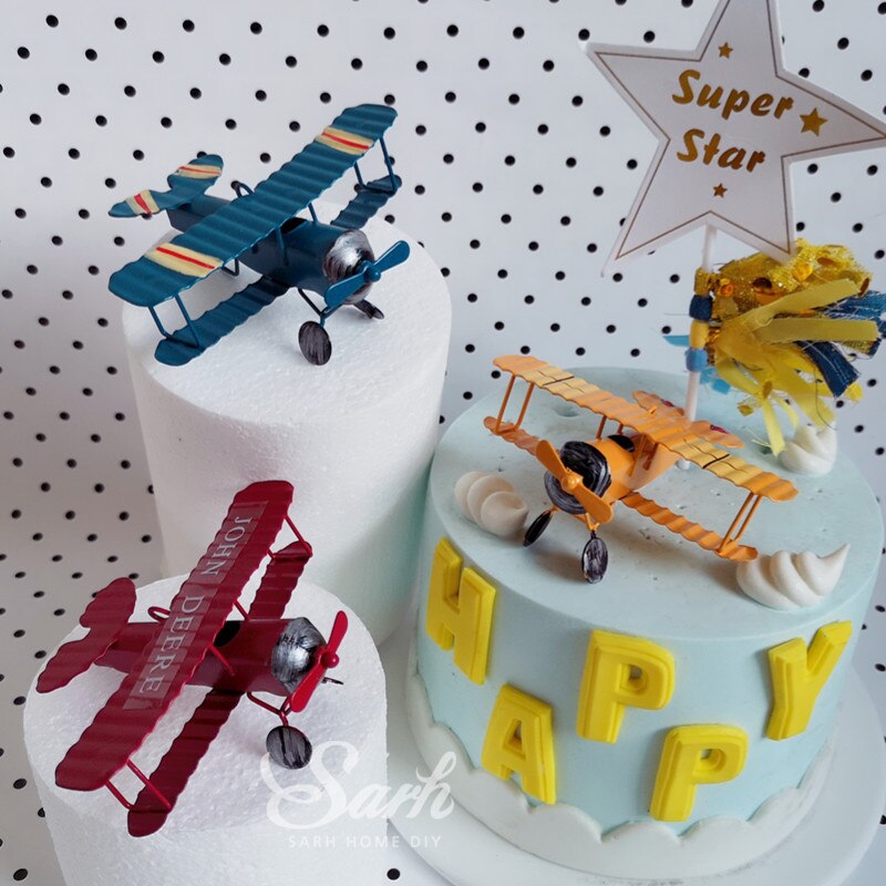 Décorations de gâteau d'avion rétro rouge bleu jaune, décorations de fête d'anniversaire pour pâtisserie, mignons