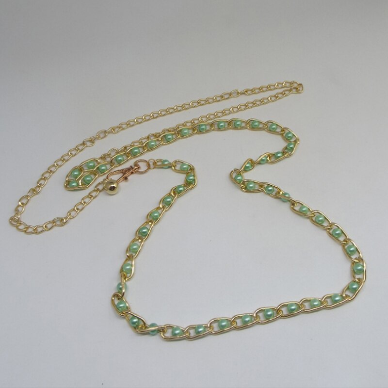 Ladies Metal Adjustable Thin Ladies Waist Chain Women Strap Dress Belt Pearl Decorative Clothes Accessories: Green