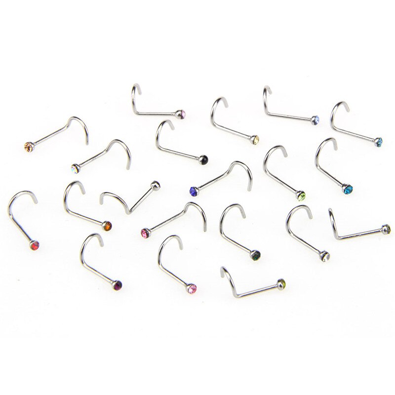 20 Stks/partij Rvs Crystal Rhinestone Neus Studs Haken Bar Pin Neus Ringen Body Piercing Sieraden Voor Vrouwen