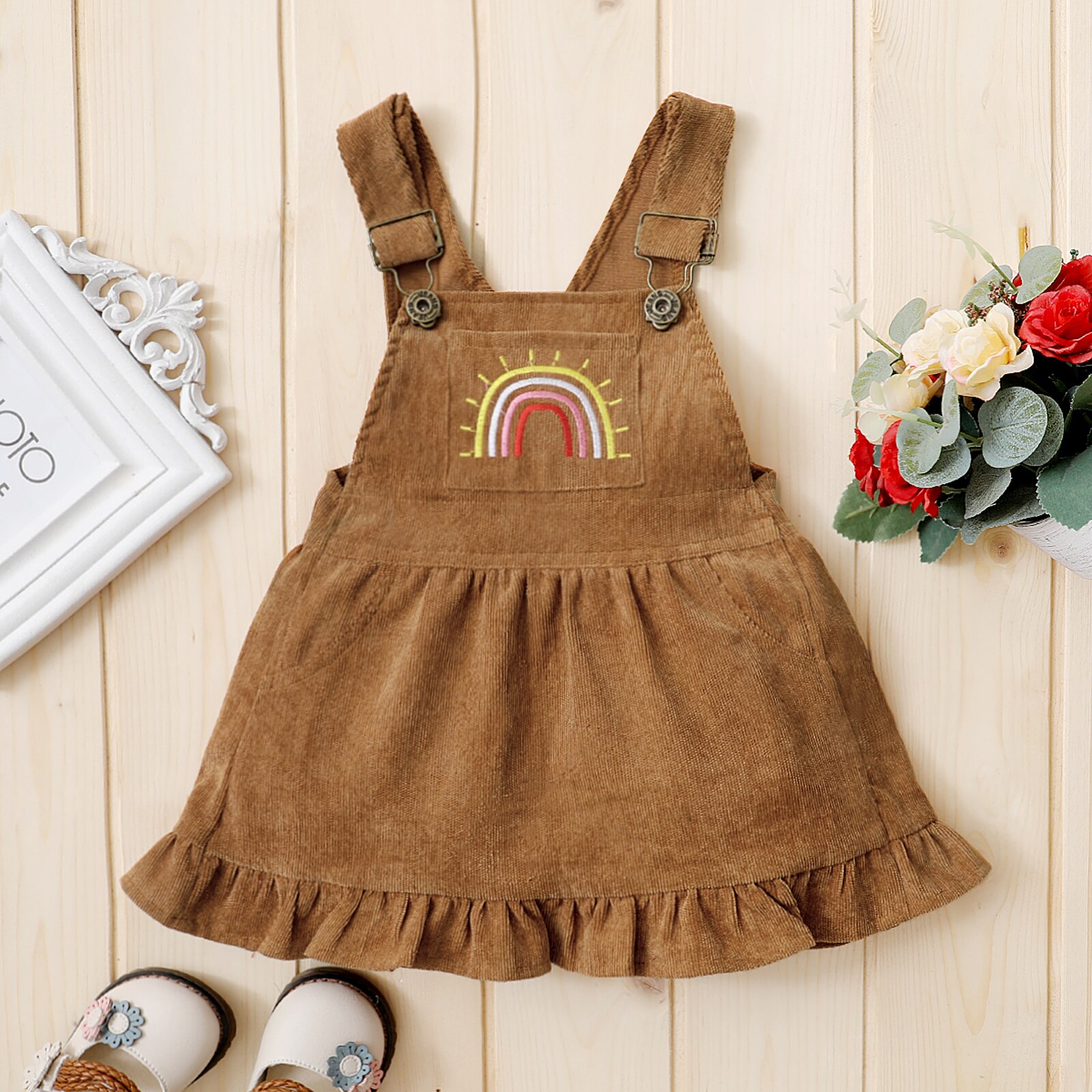 Peuter Baby Meisjes Ronde Kraag Romper Pak, Baby Mouwloze Regenboog Afdrukken Jurk, effen Kleur Corduroy Een Stuk Rok 0-3T