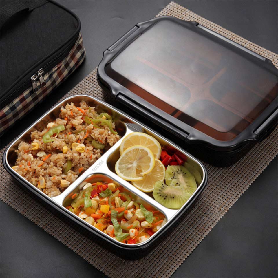 Stainless Steel Lunch Box Boiling Water Heated Food Container School Canteen Office Bento Box Kids Meal Prep Microwavable + Bag
