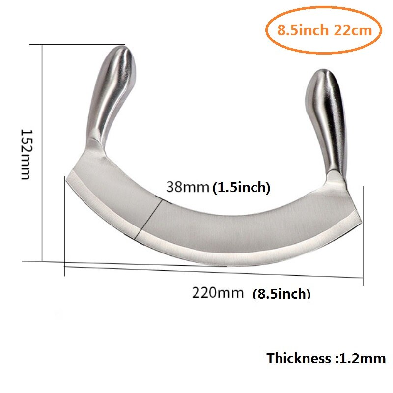8.5in Stainless Steel Double-Handled Mezzaluna Knife Pizza Cutter Curved Blade Kitchen Herb Mincer Fruit Vegetable Salad Slicer