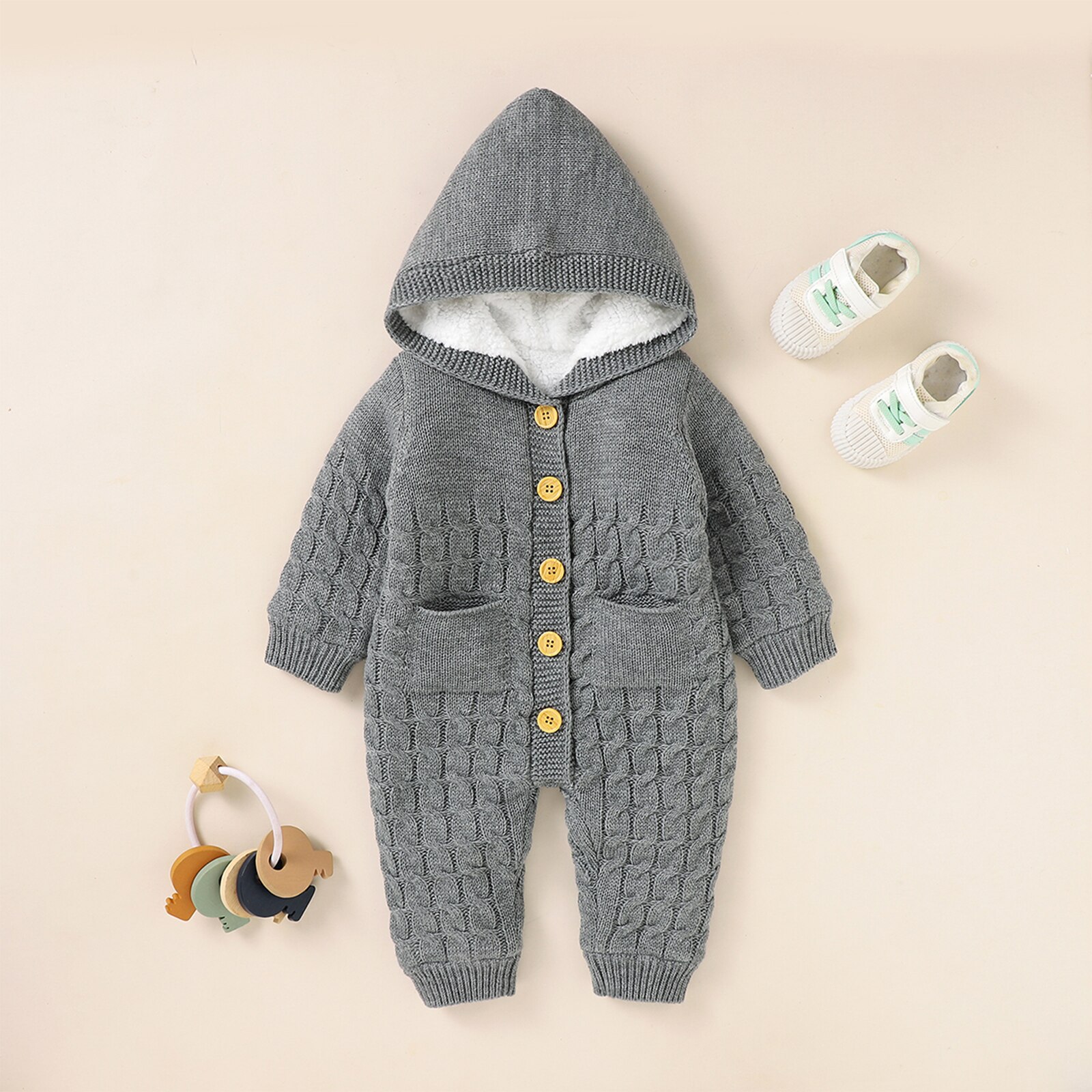 Baby Baby Meisjes Jongens Winter Warm Hooded Jumpsuit Effen Kleur Lange Mouwen Button Down Cable Knit Effen Romper