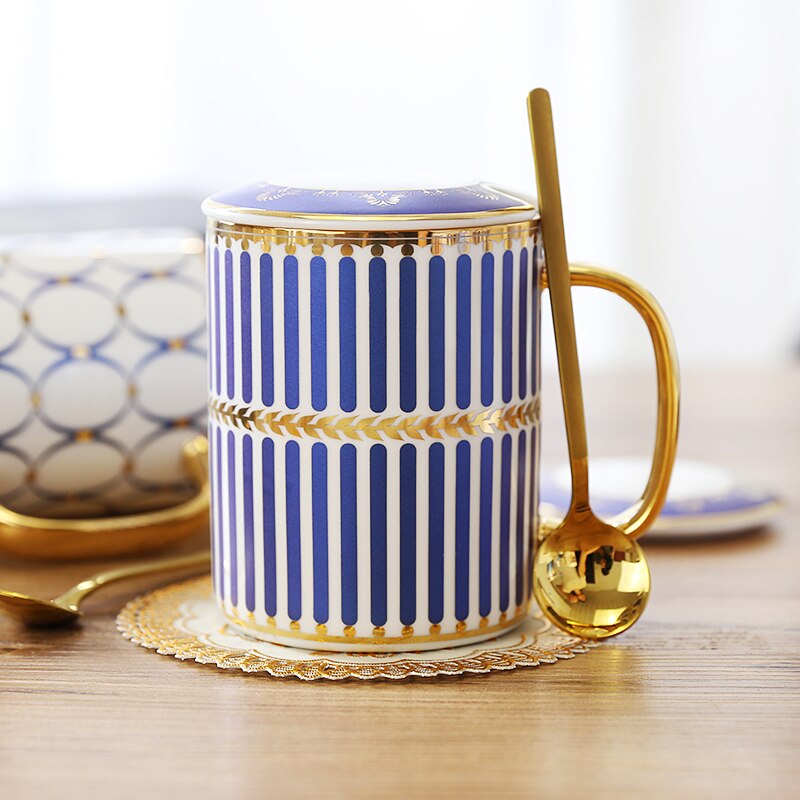 8 models Europe coffee mug Geometric Gold Line China Bone Milk Tea Cup Cover spoon travel mug Water cup 350ml