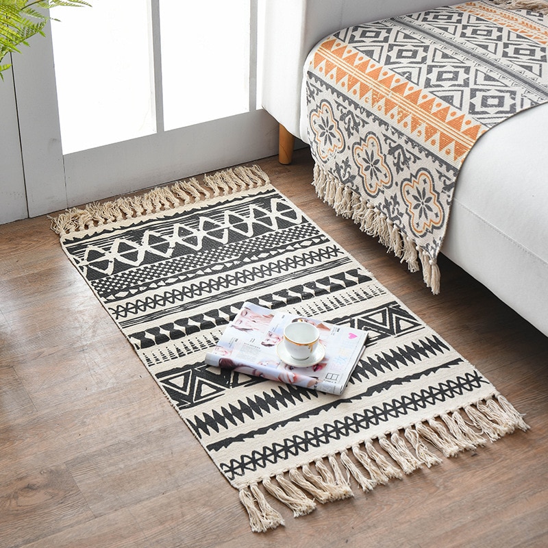 Geometrisk mønster gulvmåtte vintage håndlavet kvast tæppe til soveværelse hjem hotel dekoration