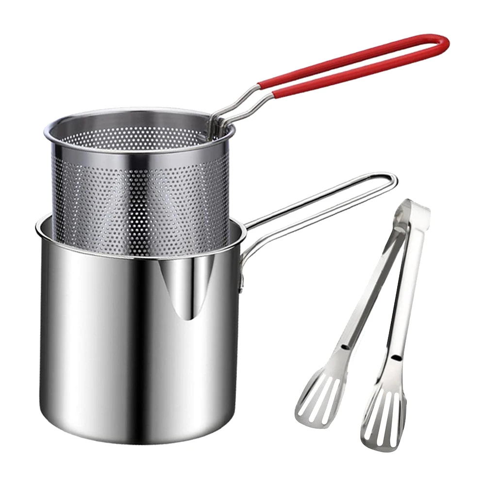 Frying Pan Set Japanese Deep Oil-saving Fryer 304 Stainless Steel High Temperature Kitchen Tempura Chicken Basket Cooking Tools: WHITE