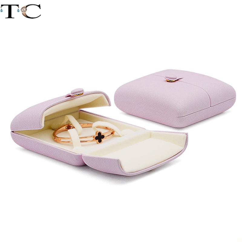 Pink Leather Snap Button Double-Sided Opening Jewelry Packaging Box Proposal Double Ring Box Pearl Necklace Collection Box