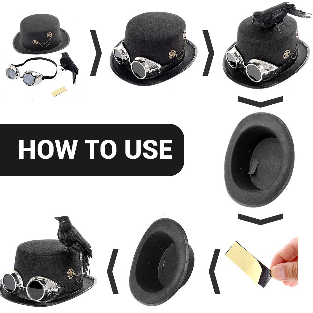 Halloween Carnival Retro Gothic Steampunk Crow Hat with Goggles Gears Black Crow Bird for Costume Party