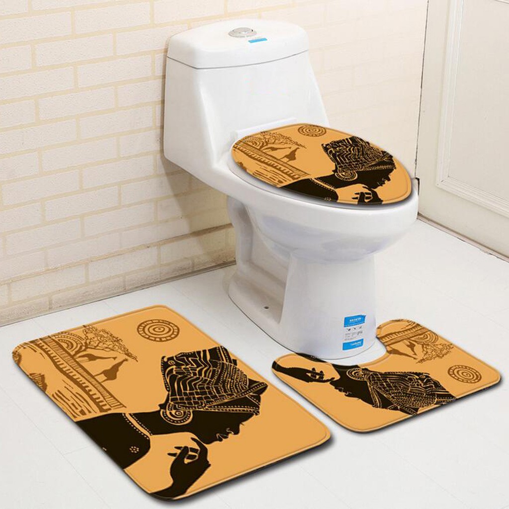 Bademåtte 3- stykke retro skridsikker badekar sæt bademåtte toilet tæppe badeværelse toilet sædeovertræk massivt tæppe toilet  #r10
