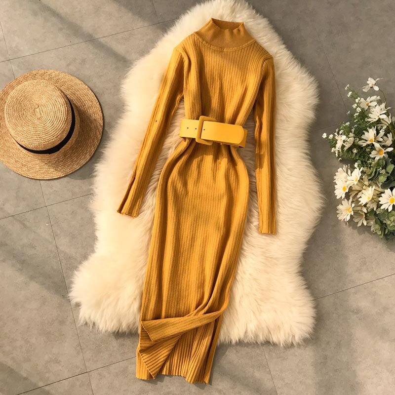 Yuoomuoo god tyk rullekrave sweater kjole kvinder vinter koreansk bodycon arbejdskjole dame strikkjole: Gul