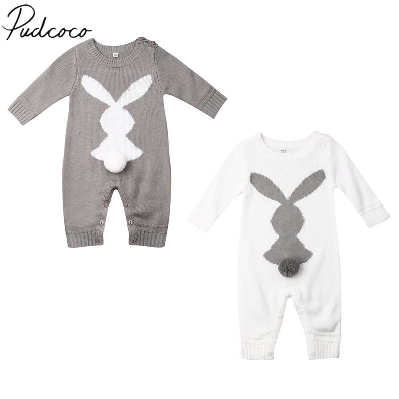 Baby Autumn Winter Clothing Newborn Baby Boy Girl Bunny Knitted Wool Romper Long Sleeve Warm Bunny Print Playsuit Outfit