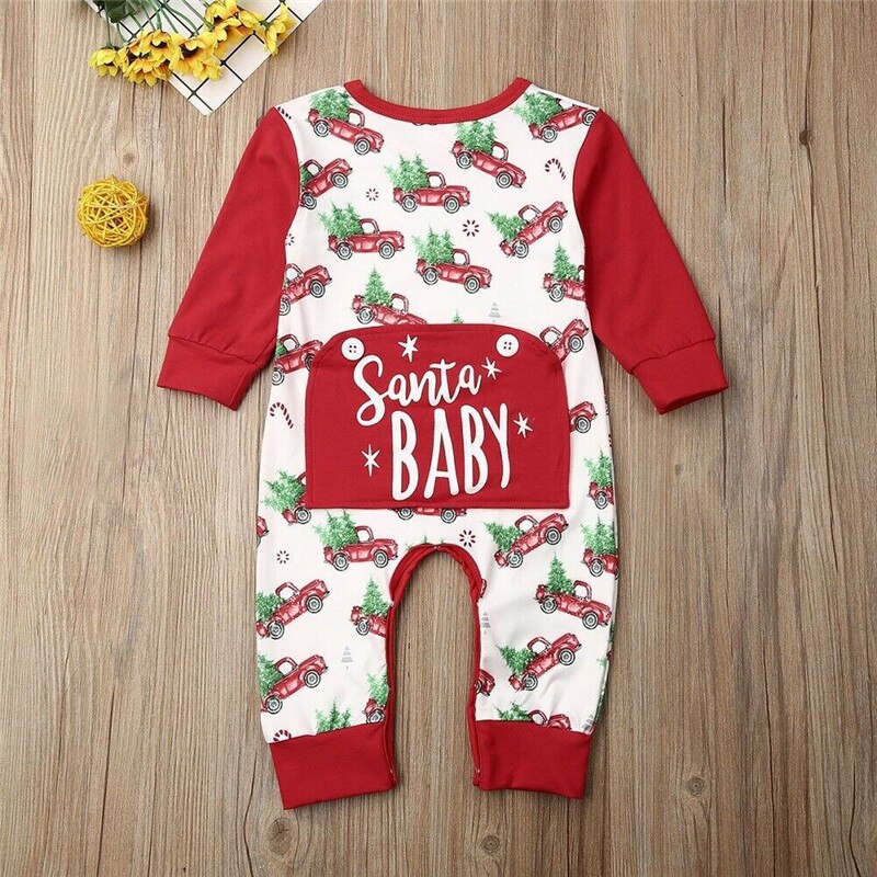 Newborn Baby Boys Girls Christmas Romper Long Sleeve Cartoon Christmas Tree And Car Print Jumpsuit Clothes Outfits Pants