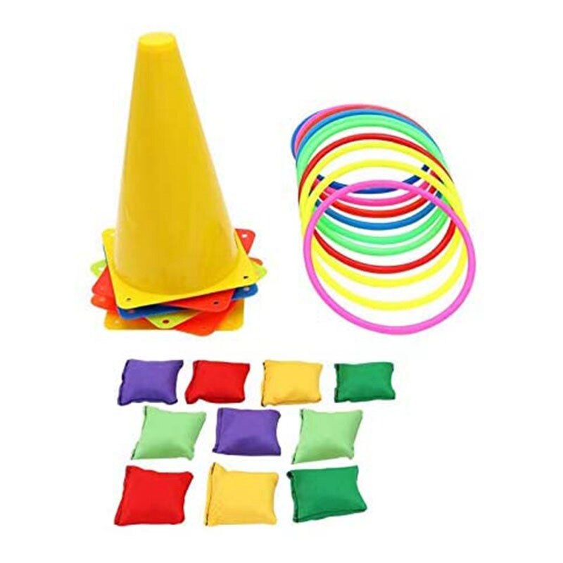 3 in 1 Ring Game Carnival Combo Set Soft Traffic Cone Bean Bags with Plastic Multicolor Thg Circle Activity Rings