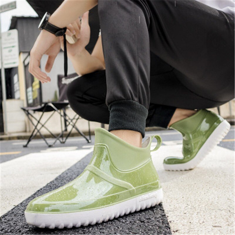 Men's PVC Waterproof Ankle Rainboots Rubber Non-slip Car Wash Kitchen Work Shoes Platform Male Booties zapatos de hombre