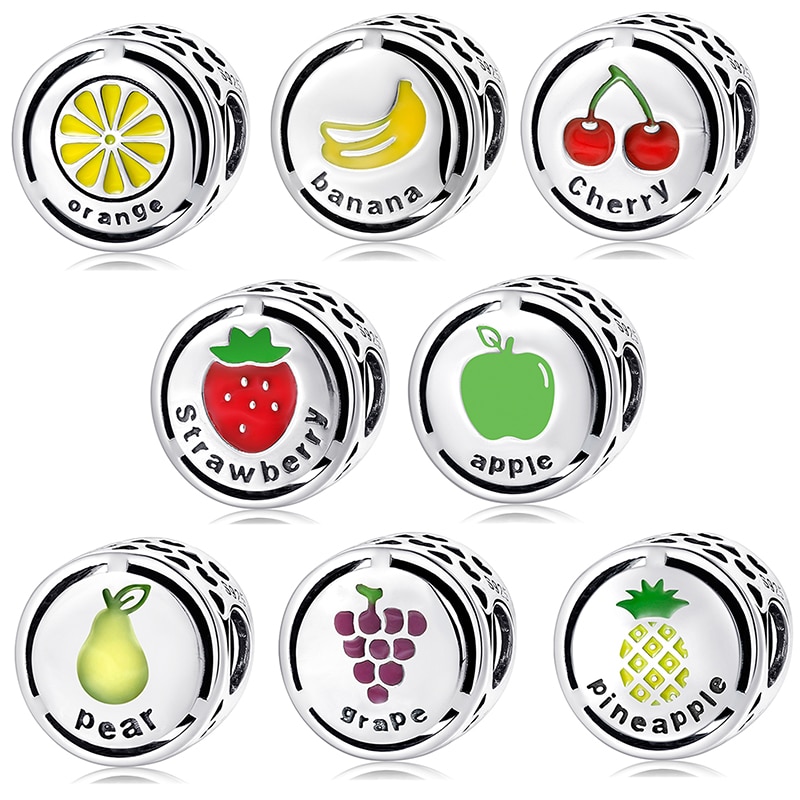 925 Sterling Sliver Yellow Enamel Apple Pear Banana Charms Beads Fits Original European Charms Bracelet Bangles DIY Jewelry
