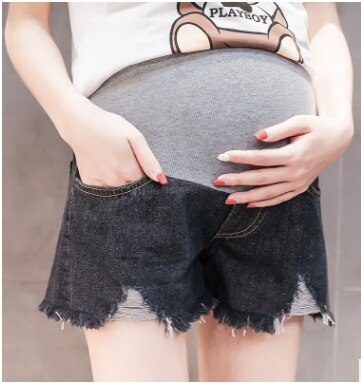 Sommer tynd denim barsel shorts elastisk talje mave korte jeans tøj til gravide kvinder graviditet bunde: Sort / L