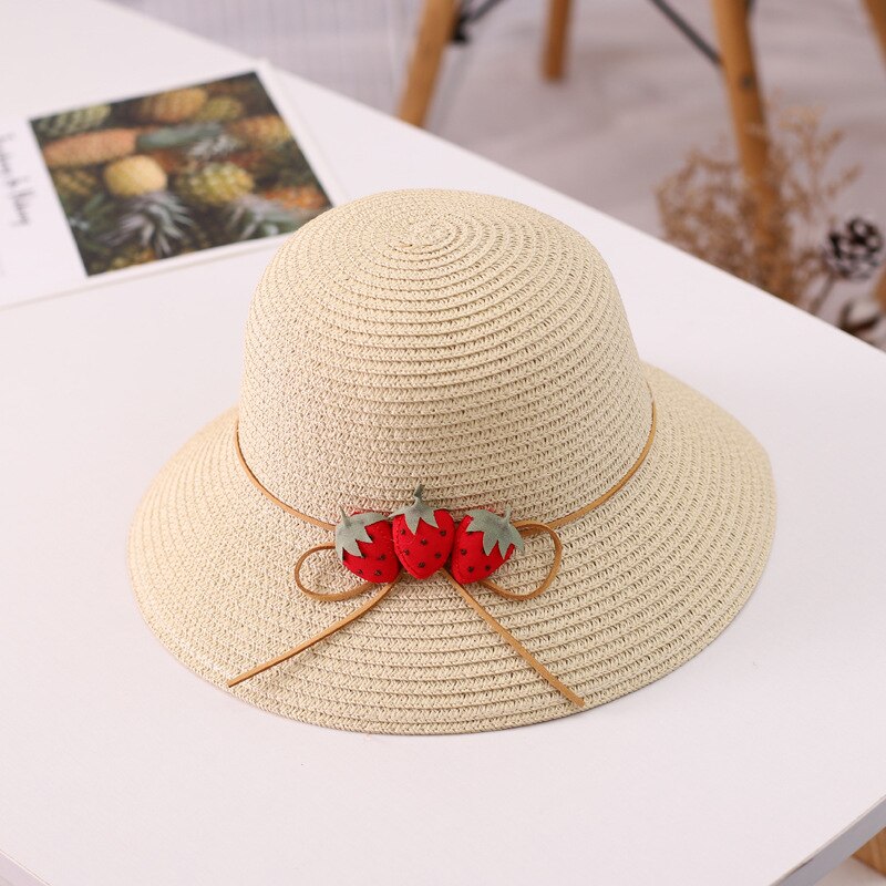 bonnet bebe fille Ensemble chapeau et sac en paille ondulé à la fraise pour fille, 2 pièces, accessoires de protection solaire pour enfants de 3 à 8 ans, printemps et été: Hat-Beige