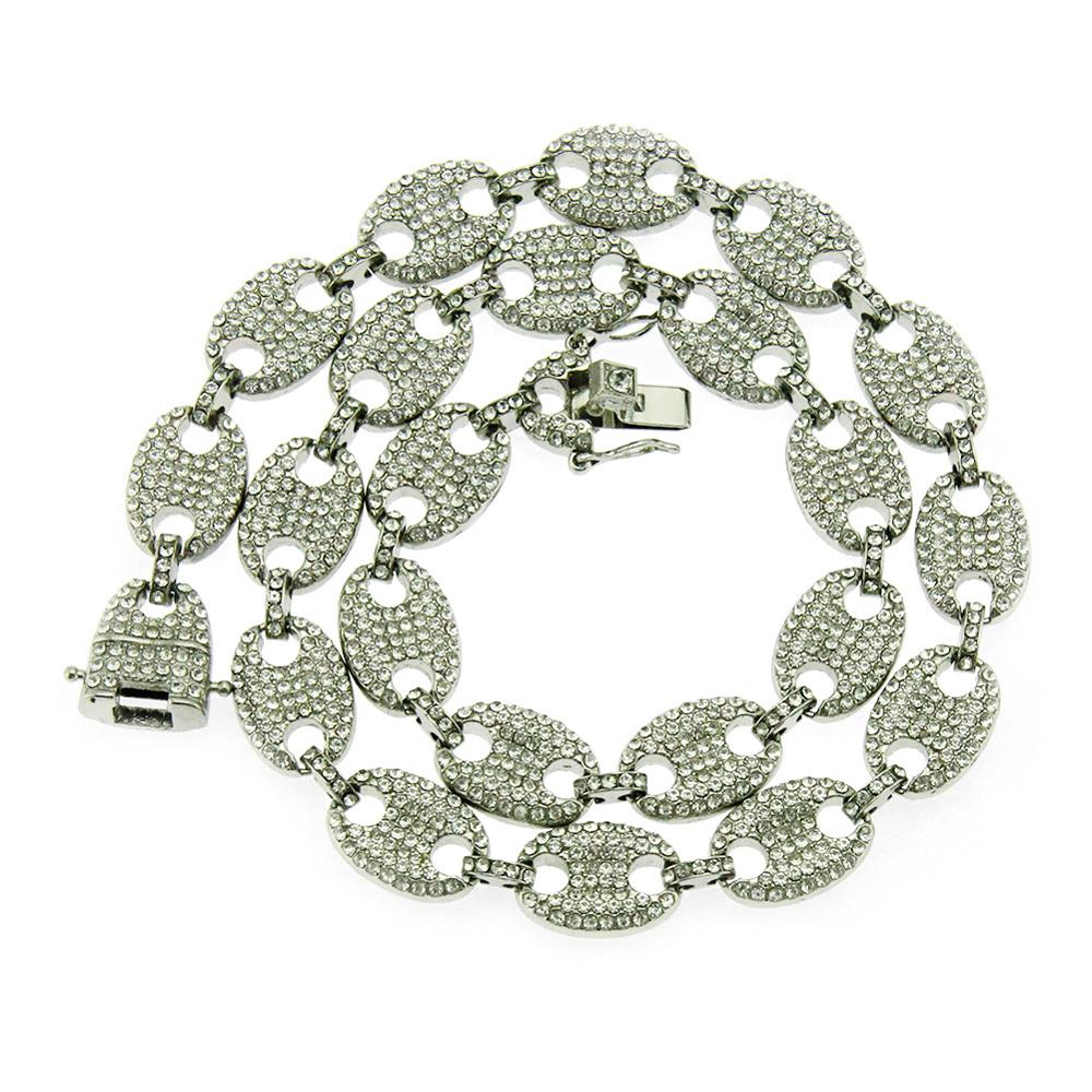 HIP HOP Punk Iced Out Zircon Multi-Colors Coffee Bean Pig Nose Rhinestone Necklace Charm Link Chain Bling Necklaces Men Jeweley: White Zircon Silver / 24inch