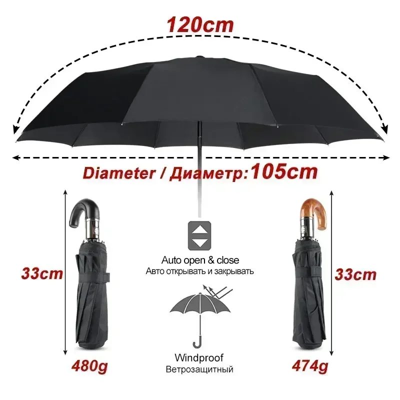 British Leather Handle Umbrella Men Automatic Business 10Ribs Strong Windproof 3 Folding Big Umbrella Rain Woman Parasol
