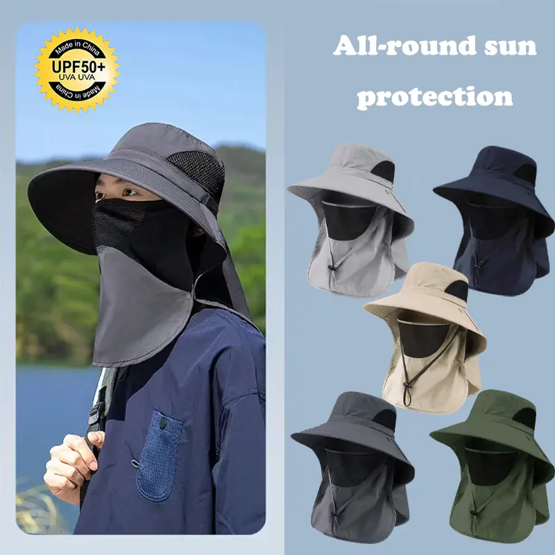 Sommer-Sonnenhüte mit breiter Krempe, mit Gesichtsmaske und Nackenklappe, 360-Grad-Sonnenschutz, Fischerkappe, draussen, Angeln, Radfahren, Eimerhut