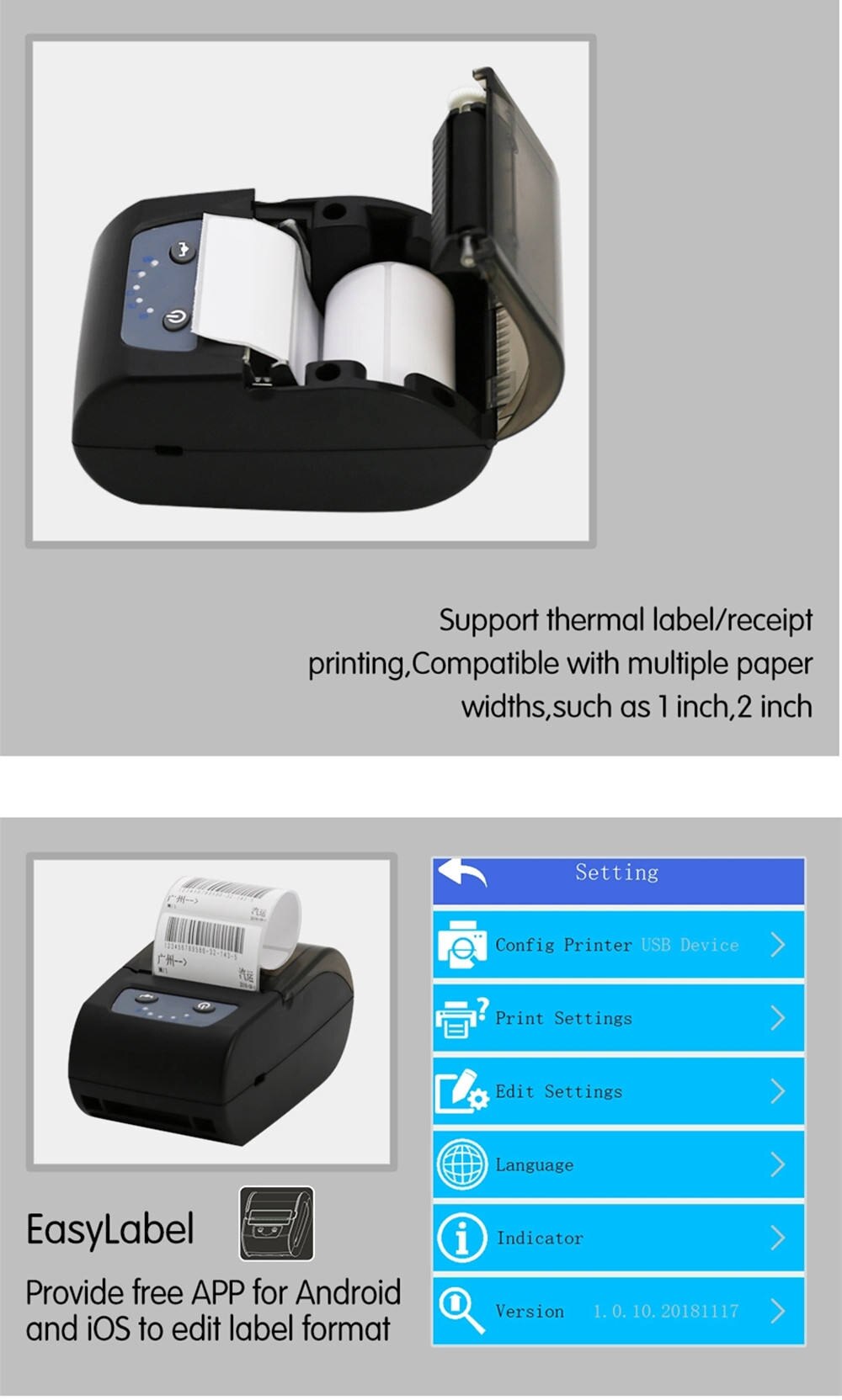 bluetooth label thermal printer 58mm 2 inch barcode thermal printer portable wireless ios android USB PC bar code printer pocket