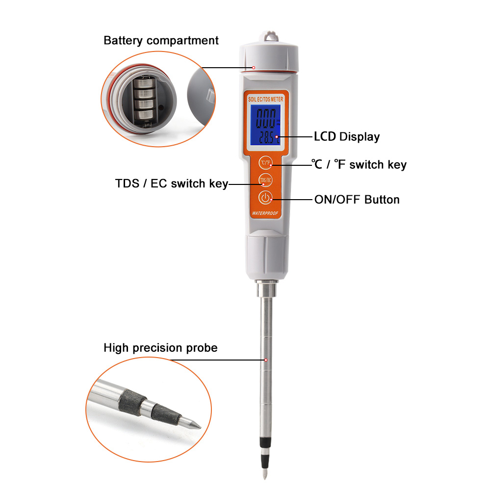 Soil Tester 3 in 1 EC/ TDS/ Temperature Digital Soil Test Probe Meter with Backlight Screen Portable Soil Salinity Tester