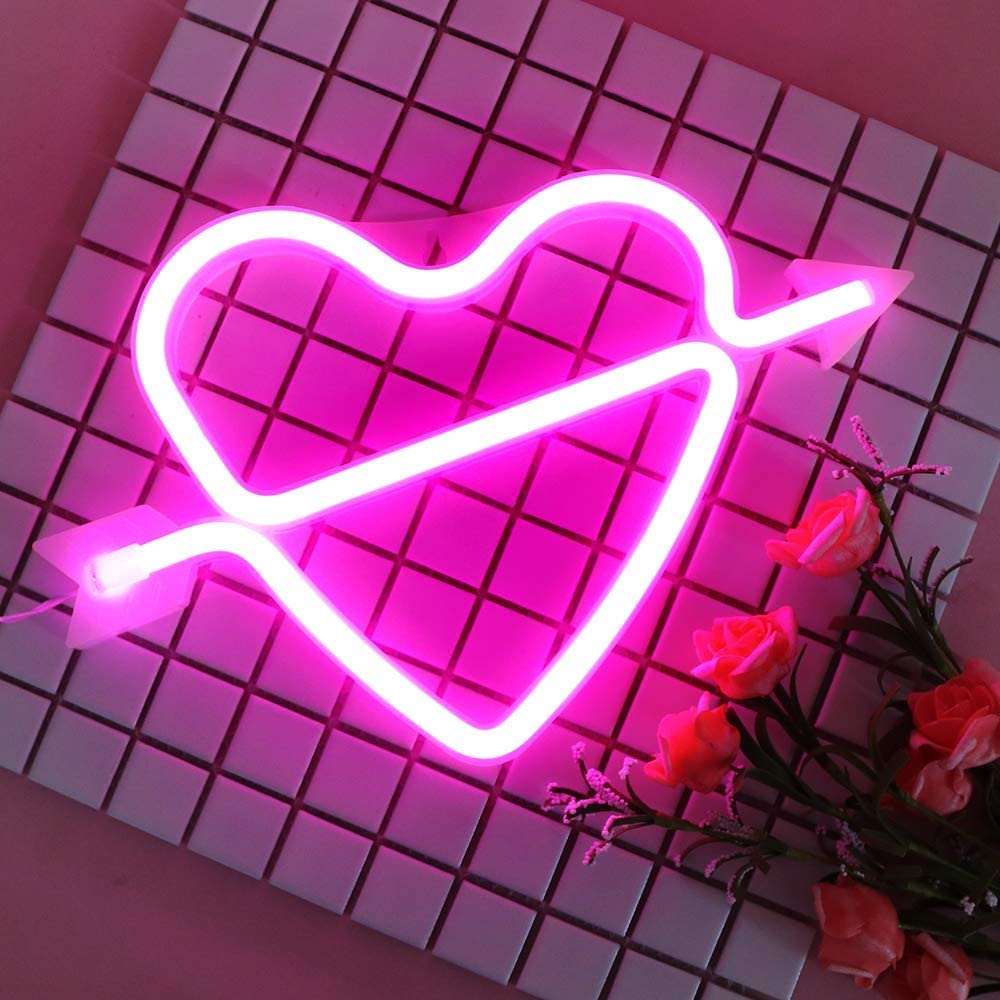 Amorbue form neonlys romantisk led hjerte natlamper batteri & usb drevne neonskilte til fødselsdagsfest børneværelse: Lyserød