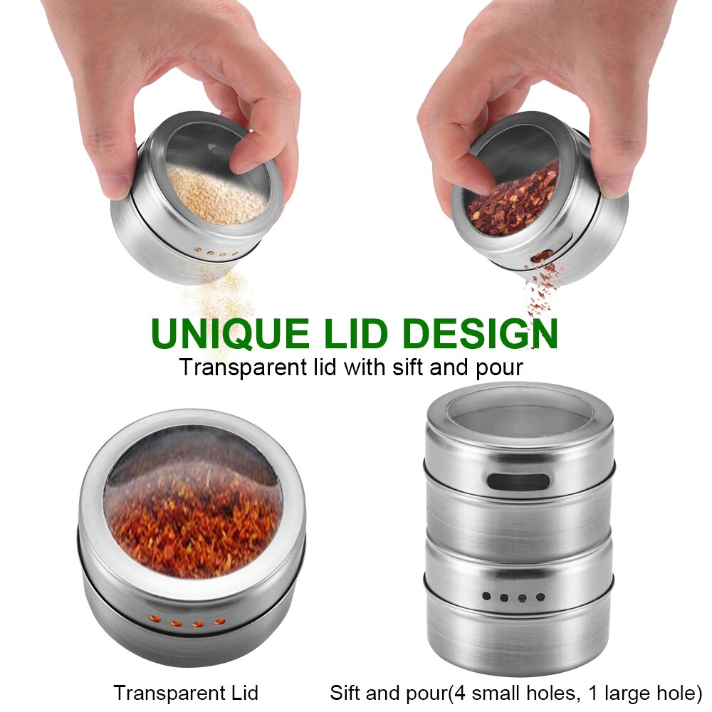Stainless Steel Magnetic Spice Jars Tins Container Set with Clear Lid Labels Magnetic Spice Tins Jars Seasoning Pepper Organizer