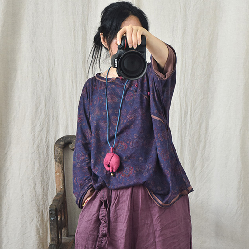 Kinesiske damet-shirts med lange ærmer i bomuld og hør, forårsprint, løse, afslappede toppe til kvinder, t-shirts  m965