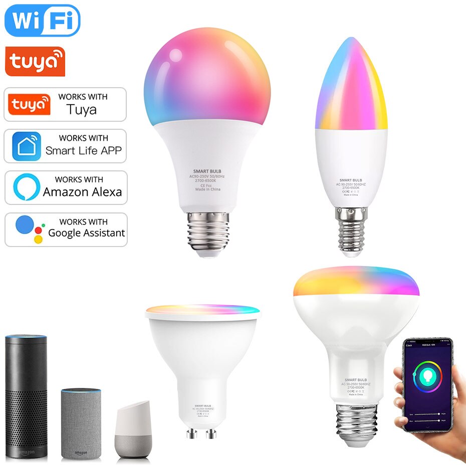 Tuya-bombilla inteligente E27, E14, GU10, Color RGB, 8W, 12W, 18W, regulable con aplicación, Control por voz para Google Home y Alexa