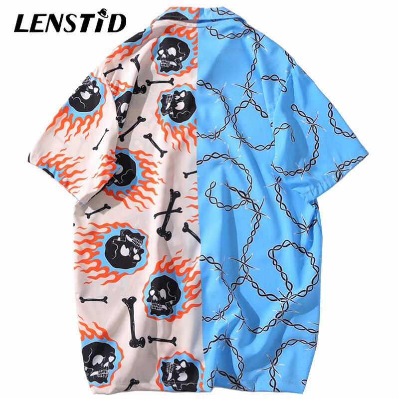 LENSTID Hip Hop Fire Skull Chain Print Shirt Streetwear Harajuku Men Hawaiian Beach Shirt HipHop Summer Short Sleeve Shirts